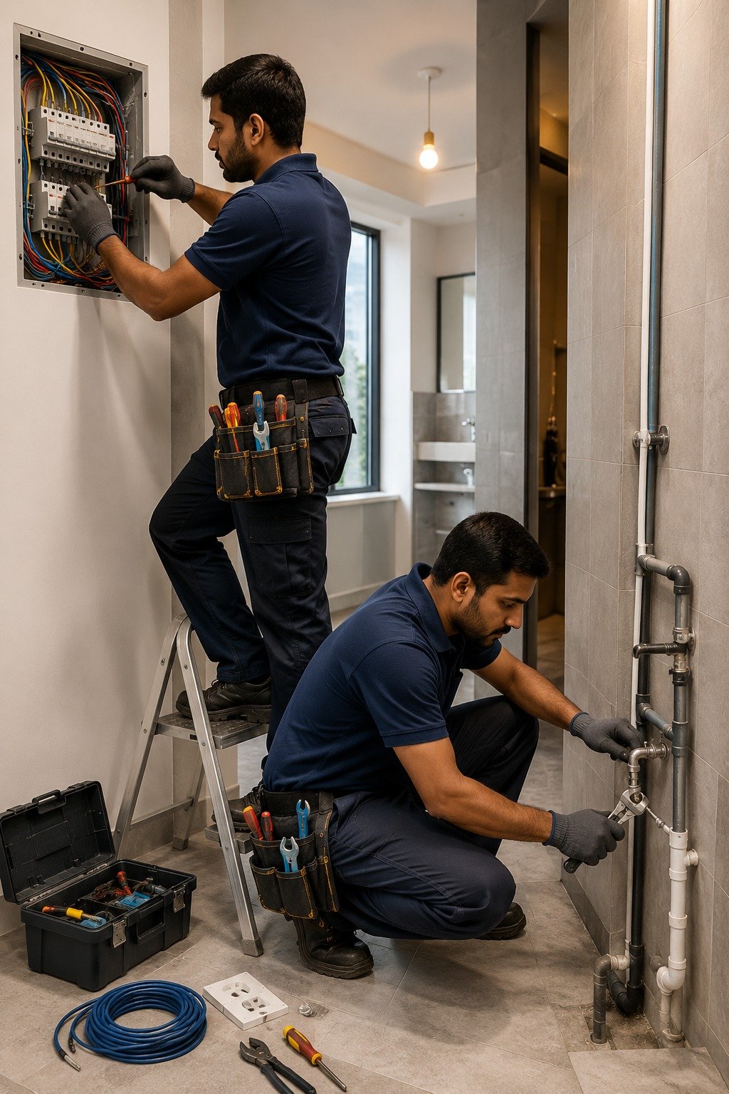 Professional plumbing and electrical services with technicians repairing wiring and pipeline system in modern home in bangalore