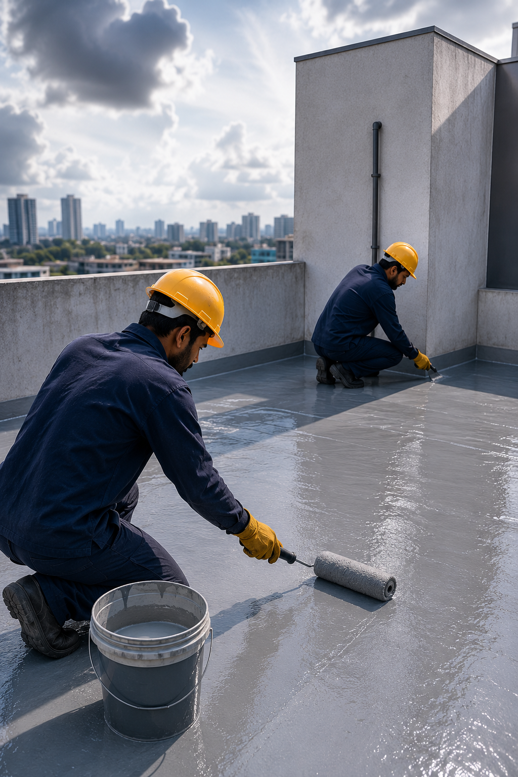 Premium rooftop waterproofing service with two workers applying protective coating to prevent leakage